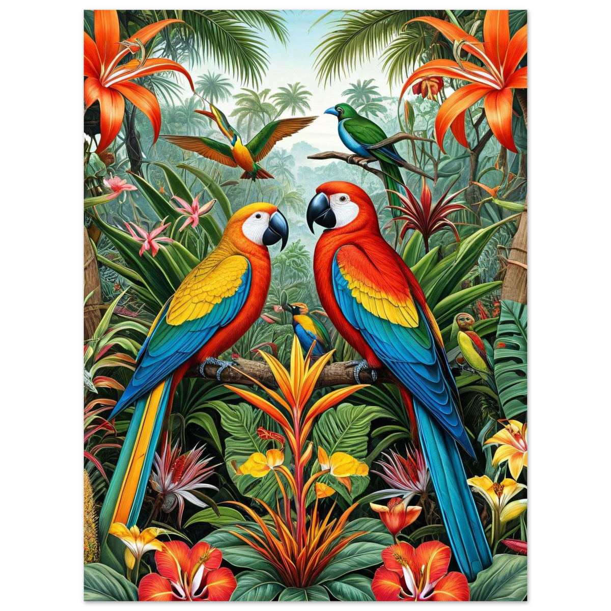 Dunkle Macaw-Silhouetten in der Tropenlandschaft (Premium Poster auf mattem Papier)