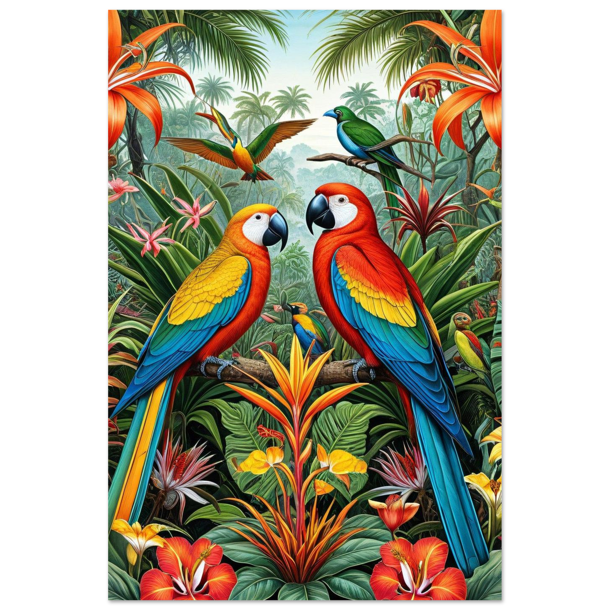 Dunkle Macaw-Silhouetten in der Tropenlandschaft (Premium Poster auf mattem Papier)