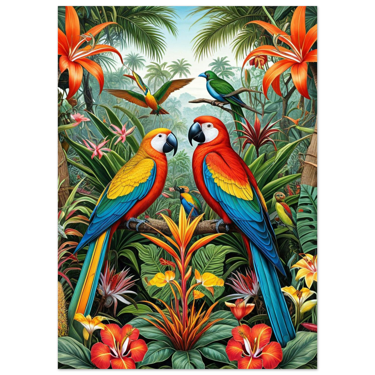 Dunkle Macaw-Silhouetten in der Tropenlandschaft (Premium Poster auf mattem Papier)
